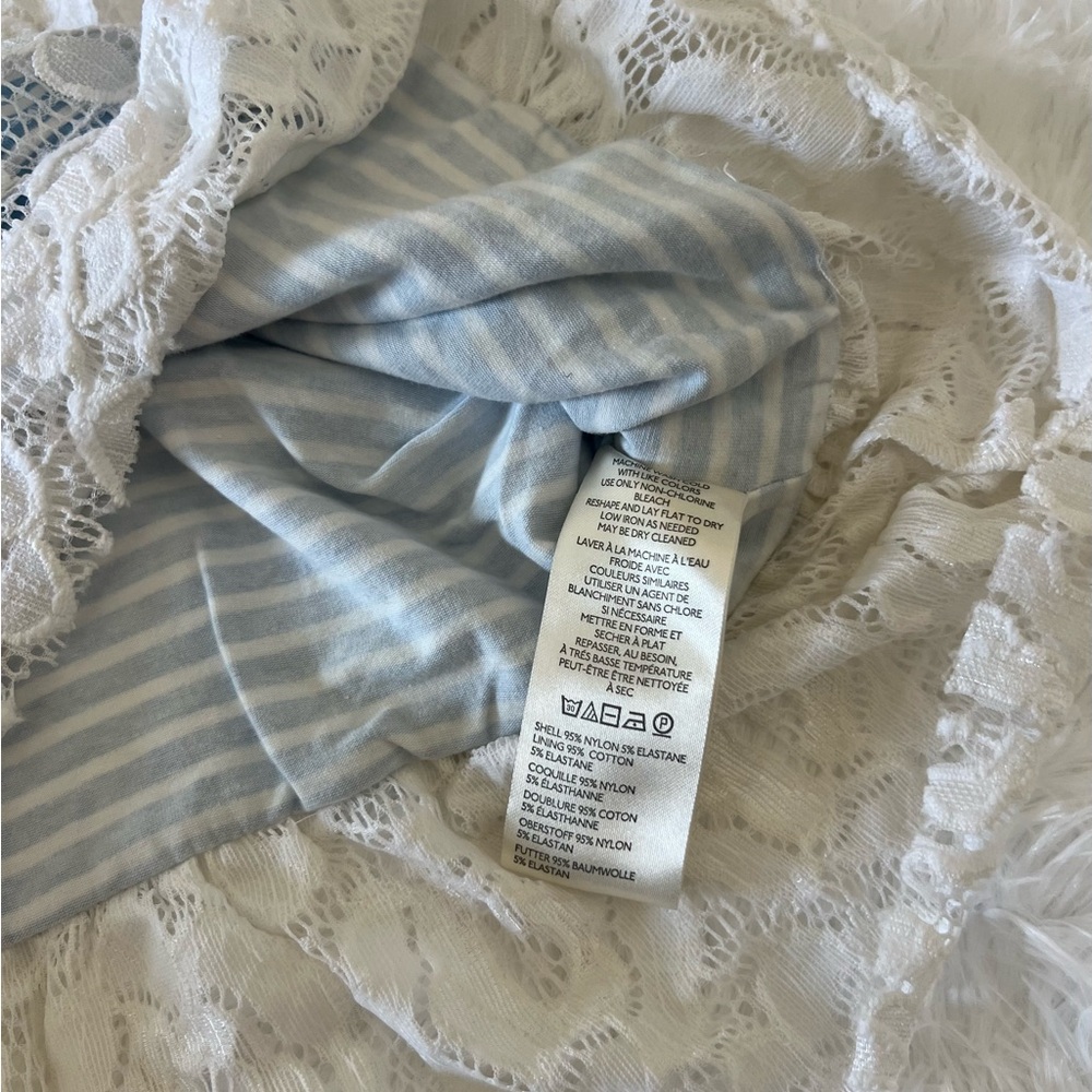 Anthropologie Maeve White Lace Peplum Crop Top with Light Blue Underlay - Picture 9 of 15